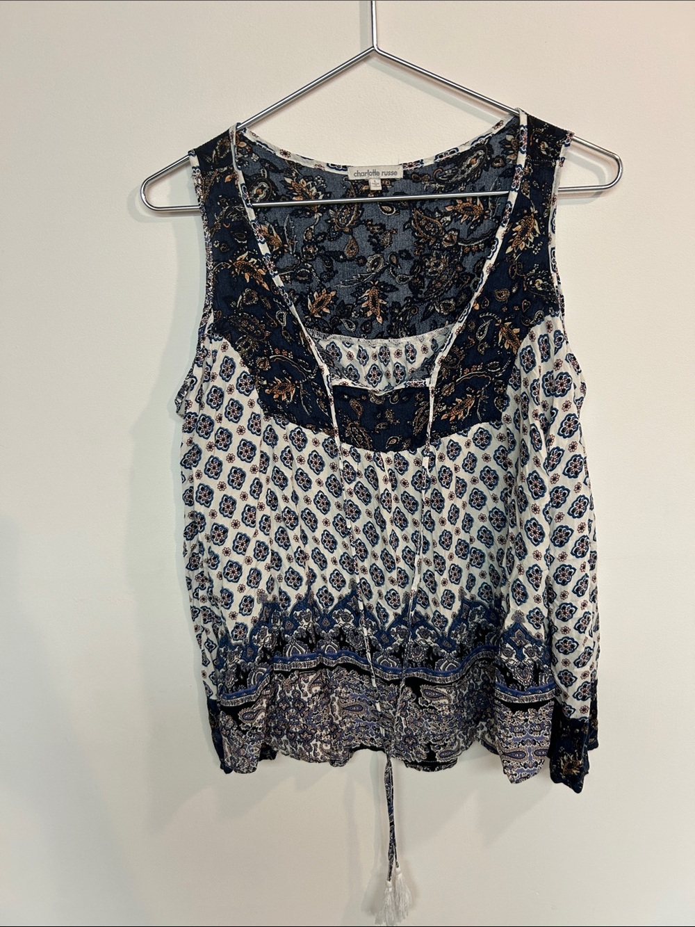 Charlotte Russe Navy and White Sleeveless Boho Tank Top